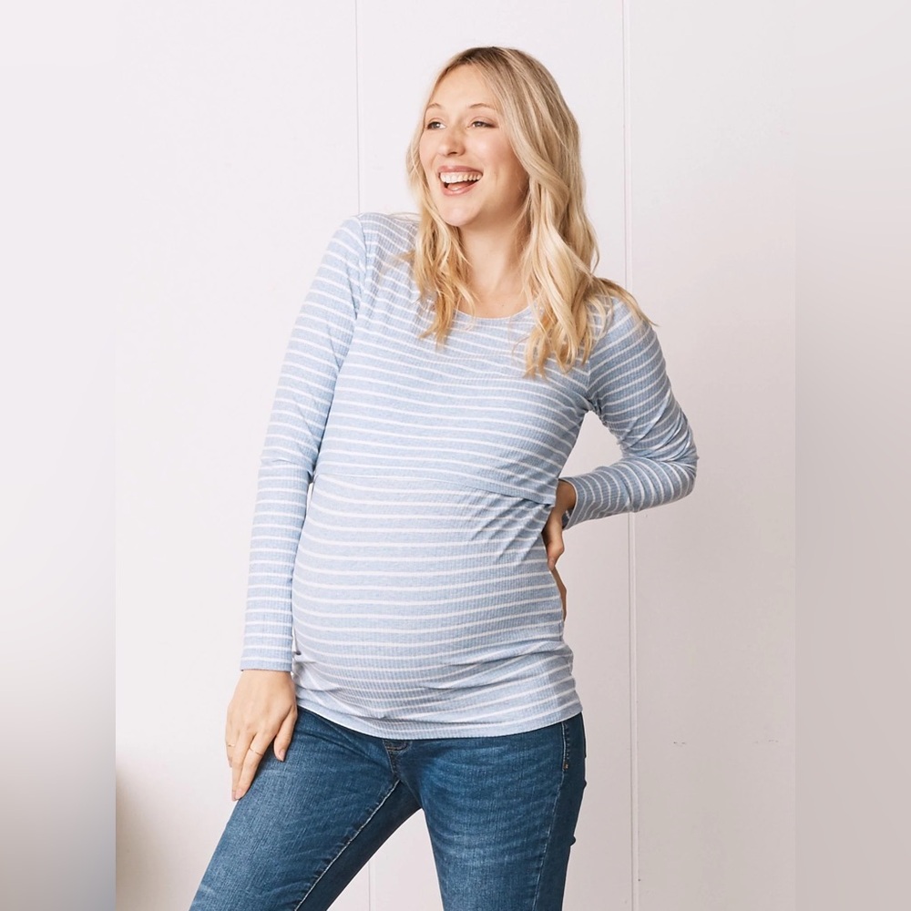 Angel Maternity Blue White Stripe Long Sleeve Nursing Top